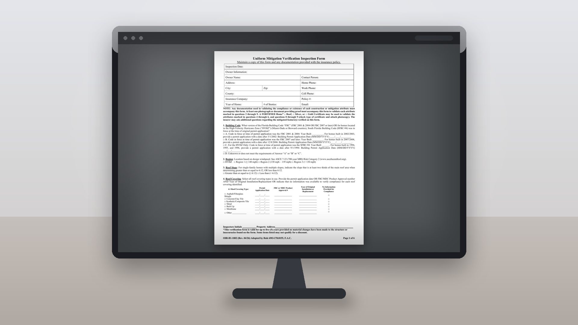 Florida Wind Mitigation Inspection Form (4/2026 Version)